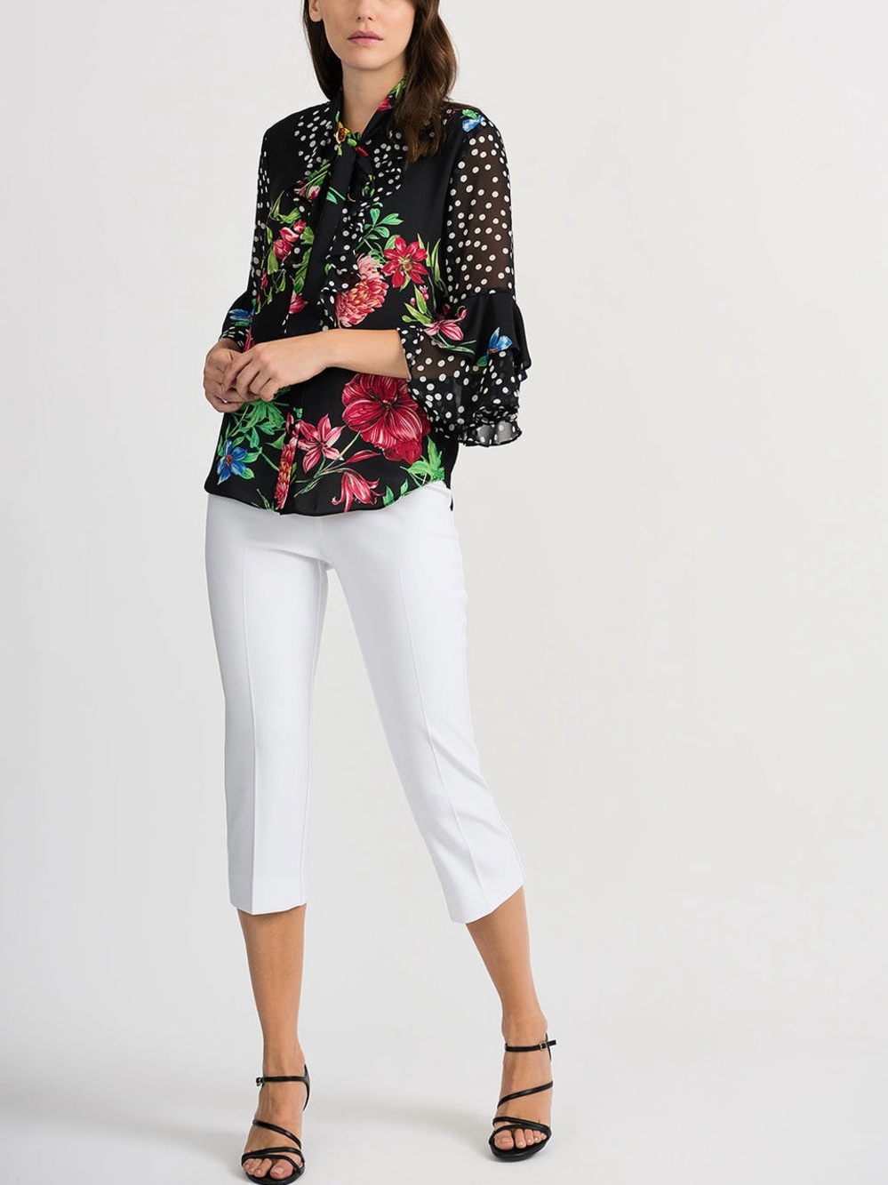 Joseph Ribkoff Mixed Media Floral Polka Dot Ruffle Tie Neck Blouse Size 8 - Picture 2 of 14